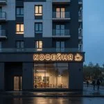Интерьерная вывеска для кофейни в ТЦ с контражурной подсветкой