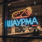 Неоновая вывеска «ШАУРМА» с изображением ролла — жёлто-синяя подсветка