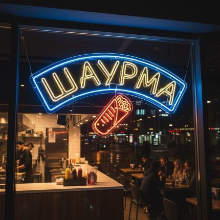 Неоновая вывеска «ШАУРМА» дугообразная с красно-жёлто-синей подсветкой