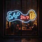 Неоновая вывеска «Бар 24/7 с пивной кружкой» — LED неон синий, красный и жёлтый