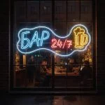 Неоновая вывеска «Бар 24/7 с пивной кружкой» — LED неон синий, красный и жёлтый