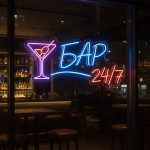 Неоновая вывеска «Бар 24/7 с бокалом мартини» — LED неон фиолетовый, синий, красный