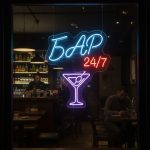 Неоновая вывеска «Бар 24/7 с бокалом мартини» — LED неон фиолетовый, синий, красный