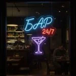 Неоновая вывеска «Бар 24/7 с бокалом мартини» — LED неон фиолетовый, синий, красный