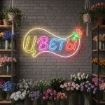 Неоновая вывеска «Цветы с букетом и бабочкой» — изящное оформление с природным настроением