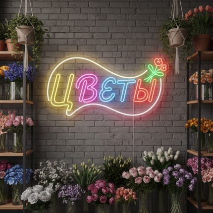 Неоновая вывеска «Цветы с букетом и бабочкой» — изящное оформление с природным настроением