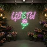 Неоновая вывеска «Цветы с розой» — яркий акцент для вашего цветочного салона