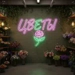 Неоновая вывеска «Цветы с розой» — яркий акцент для вашего цветочного салона