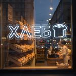 Неоновая вывеска «Хлеб» с белым холодным свечением