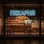 Неоновая вывеска «Пекарня с батоном» голубая