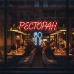 Неоновая вывеска «Ресторан с приборами» красная с синим акцентом