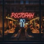 Неоновая вывеска «Ресторан с приборами» красная с синим акцентом