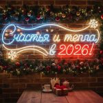 Неоновая вывеска «Счастья и тепла в 2026!»
