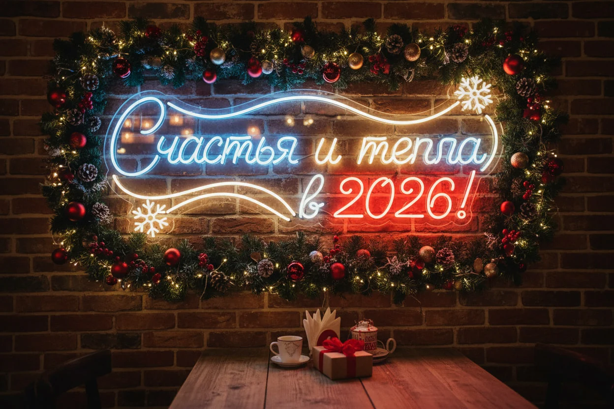 неоновая вывеска счастья 2026 Неоновая вывеска «Счастья и тепла в 2026!» — изображение 1