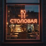 Неоновая вывеска «Столовая с приборами» оранжевая