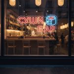 Неоновая вывеска «Суши бар с роллом» красно-голубая