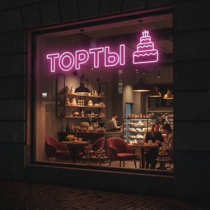 Неоновая вывеска «Торты с тортом» розовая