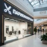 Интерьерная вывеска для парикмахерской в ТЦ с контражурной подсветкой