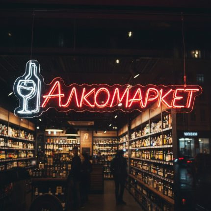 Неоновая вывеска «АЛКОМАРКЕТ» с бокалом и бутылкой в красно-белой подсветке