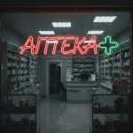 Неоновая вывеска «АПТЕКА+» с зелёным крестом и красным свечением