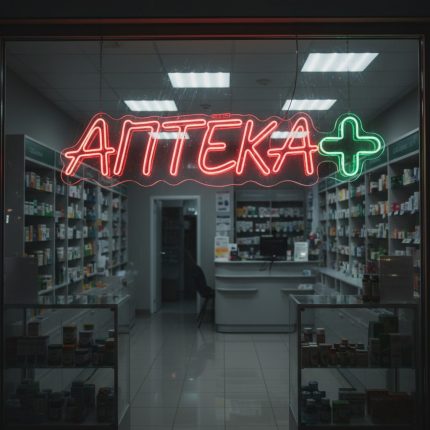 Неоновая вывеска «АПТЕКА+» с зелёным крестом и красным свечением
