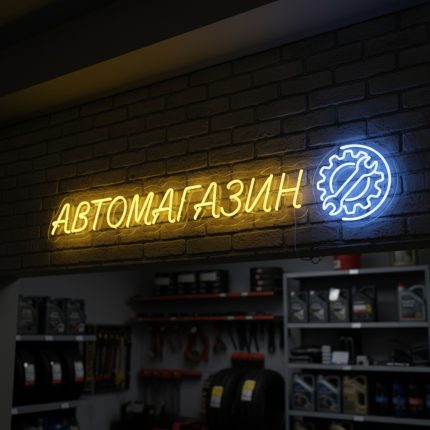 Неоновая вывеска «АВТОМАГАЗИН» с жёлто-голубой подсветкой для магазина