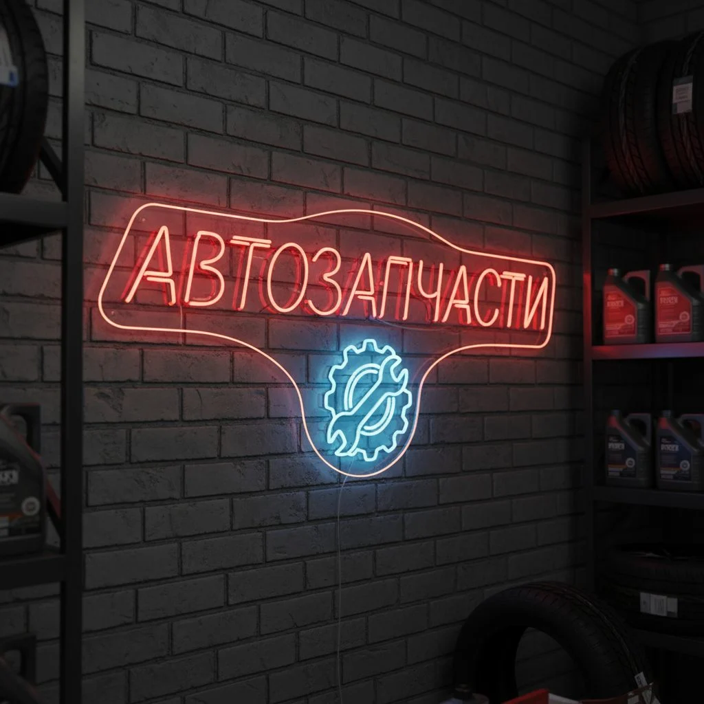 неоновая надпись автозапчасти (1) Неоновая вывеска «АВТОЗАПЧАСТИ» дугообразная с красно-голубой подсветкой — изображение 1