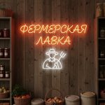 Неоновая вывеска «Фермерская лавка» с фермером — оранжево-белый LED-неон для магазинов натуральных продуктов