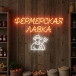 Неоновая вывеска «Фермерская лавка» с фермером — оранжево-белый LED-неон для магазинов натуральных продуктов