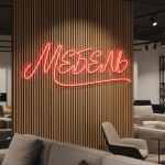 Неоновая вывеска «МЕБЕЛЬ» с красной подсветкой и каллиграфическим шрифтом