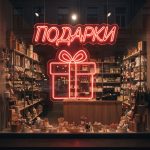 Неоновая вывеска «ПОДАРКИ» с коробкой — красный LED-неон для витрин и магазинов