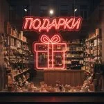 Неоновая вывеска «ПОДАРКИ» с коробкой — красный LED-неон для витрин и магазинов
