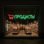 Неоновая вывеска «Продукты» с тележкой — зелёно-красный LED-неон для магазинов и супермаркетов