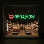 Неоновая вывеска «Продукты» с тележкой — зелёно-красный LED-неон для магазинов и супермаркетов