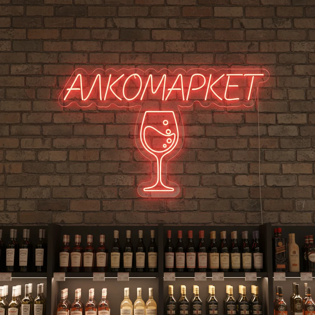 неоновая вывеска алкомаркет Неоновая вывеска «АЛКОМАРКЕТ» с бокалом и красной подсветкой — изображение 1