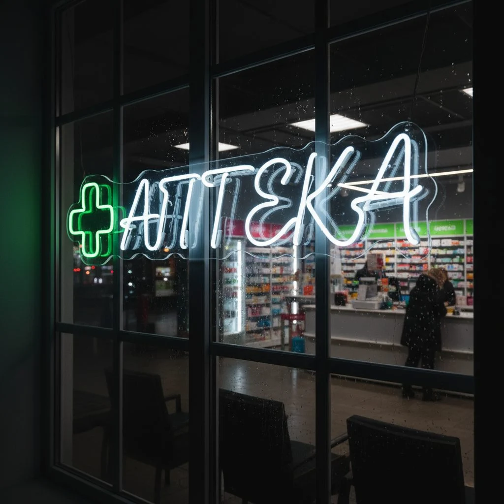 неоновая вывеска аптека (4) Неоновая вывеска «АПТЕКА» с зелёным крестом и белой подсветкой — изображение 1