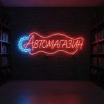 Неоновая вывеска «АВТОМАГАЗИН» с красно-голубой подсветкой для витрины