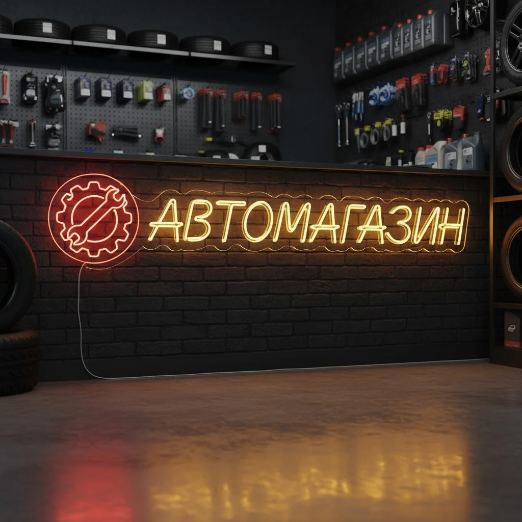 неоновая вывеска автомагазин (3) Неоновая вывеска «АВТОМАГАЗИН» с жёлто-красной подсветкой для магазина — изображение 1