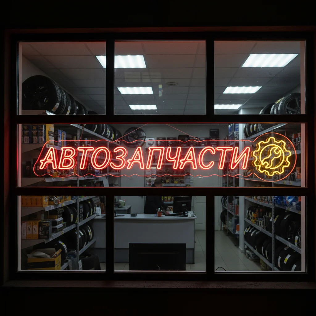 неоновая вывеска автозапчасти (3) Неоновая вывеска «АВТОЗАПЧАСТИ» с красно-жёлтой подсветкой для магазина — изображение 1
