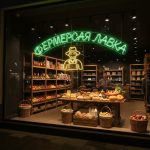 Неоновая вывеска «Фермерская лавка» с изображением фермера — зелёно-жёлтый LED-неон для магазинов натуральных продуктов