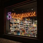 Неоновая вывеска «ИГРУШКИ» с изображением медвежонка и оранжево-фиолетовой подсветкой