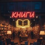 Неоновая вывеска «КНИГИ» с красно-жёлтой подсветкой и изображением книги