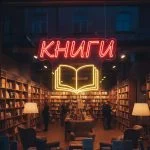 Неоновая вывеска «КНИГИ» с красно-жёлтой подсветкой и изображением книги