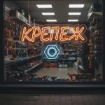 Неоновая вывеска «КРЕПЁЖ» с оранжево-голубой подсветкой и изображением гайки