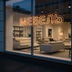 Неоновая вывеска «МЕБЕЛЬ» с оранжевой подсветкой