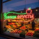 Неоновая вывеска «ОВОЩИ ФРУКТЫ» — яркое LED-оформление для витрины продуктового магазина