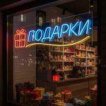 Неоновая вывеска «ПОДАРКИ» с коробкой — сине-красно-жёлтый LED-неон для витрин и магазинов
