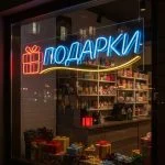 Неоновая вывеска «ПОДАРКИ» с коробкой — сине-красно-жёлтый LED-неон для витрин и магазинов