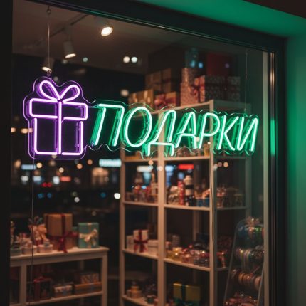 Неоновая вывеска «ПОДАРКИ» с коробкой — зелёно-фиолетовый LED-неон для витрин и магазинов