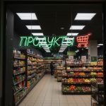 Неоновая вывеска «ПРОДУКТЫ» с тележкой — зелёно-красный LED-неон для магазинов и супермаркетов